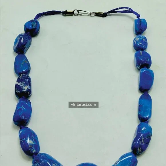 Handmade Lapis Lazuli Gemstone Necklace, Vintage Beaded Stone Necklace, - Picture 6 of 10